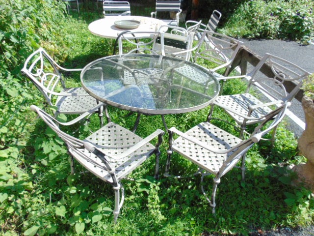 Cast aluminum patio table with 6 chairs, round glass top table is 48.5" in diameter (1 of 5)