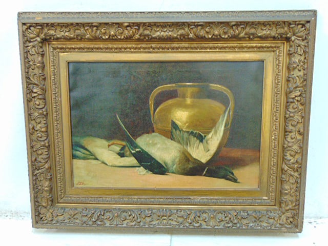 Painting, still-life with duck, signed F.J. Gaynor, oil on canvas is gesso & gold painted frame,: Painting, still-life with duck, signed F.J. Gaynor, oil on canvas is gesso & gold painted frame, dead duck next to brass vessel, canvas is 17.75" by 25.25", framed size is 28.25" by 36 3/8"