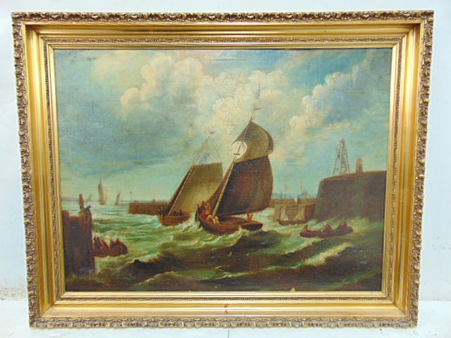 Painting, sailboat entering harbor, rough seas, unsigned, oil on canvas laid down on board, some: Painting, sailboat entering harbor, rough seas, unsigned, oil on canvas laid down on board, some loss bottom edge, 29.25" by 39", framed size is 36.25" by 46"