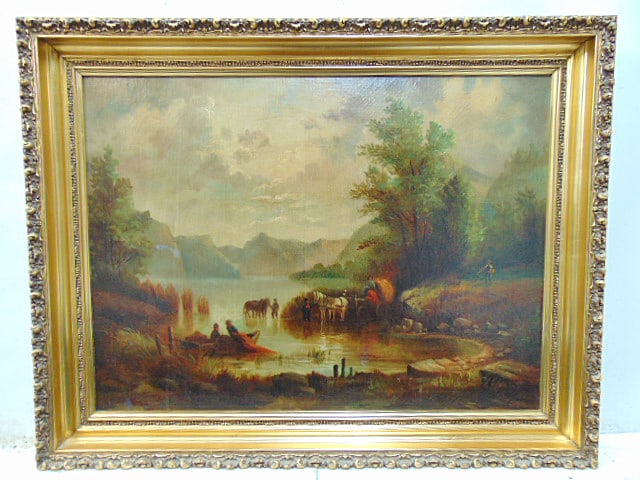 Painting, figures in horse drawn wagon crossing water, unsigned, oil on canvas laid down on board,: Painting, figures in horse drawn wagon crossing water, unsigned, oil on canvas laid down on board, 25.25" by 34.25", framed size is 32" by 41"