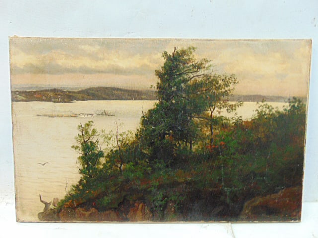 Painting, tug with barge on river, seen from shrub covered hill, signed illegibly, in restored: Painting, tug with barge on river, seen from shrub covered hill, signed illegibly, in restored condition, oil on canvas, 14" by 22"