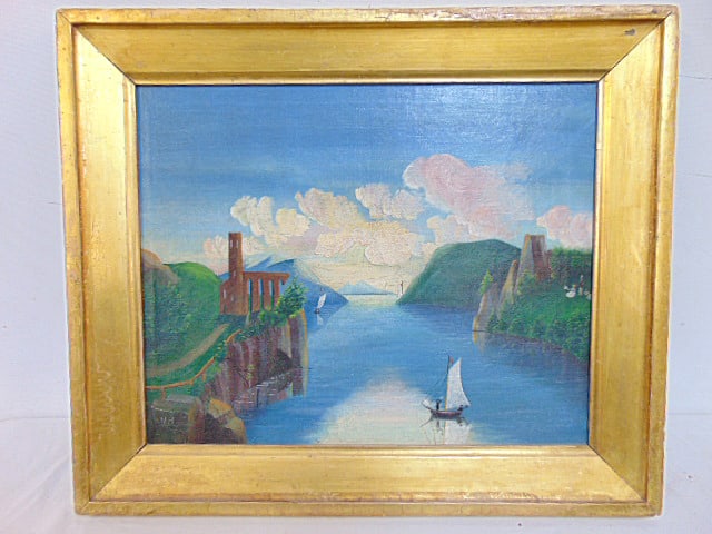 Painting, "A view of the Hudson", attributed to Helen Haight, signed "H.H.", oil on canvas, sailboat (1 of 5)