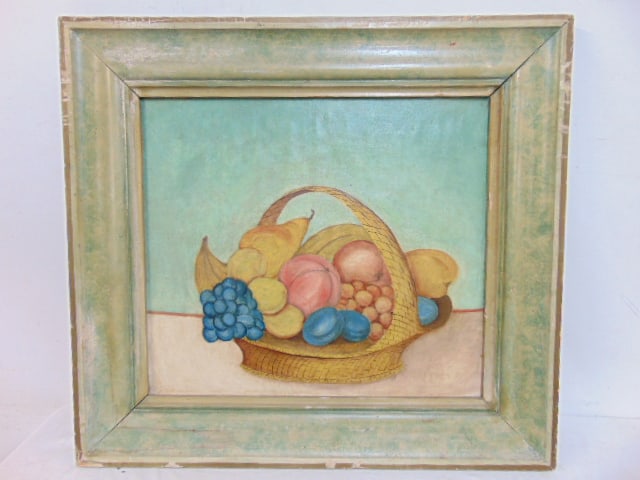 Painting, folk art still-life with fruit basket, unsigned, oil on canvas laid down on board, in: Painting, folk art still-life with fruit basket, unsigned, oil on canvas laid down on board, in painted Ogee frame, painting is 16.75" by 18.75", framed size is 23.75" by 26"