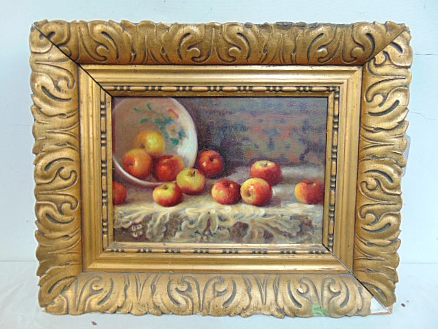 Painting, still-life with apples on cloth, signed Susan Getz (Schneider) wife of Beacon local Rob: Painting, still-life with apples on cloth, signed Susan Getz (Schneider) wife of Beacon local Rob Schneider, oil on wood panel, in gilt frame, frame has chipped corner, panel is 8.75" by 12.25", frame
