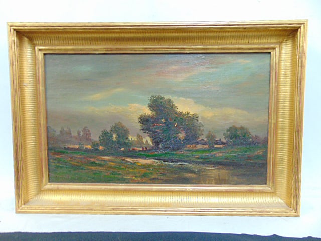 Painting, landscape with cattle, trees, signed J.G. Fisher, oil on canvas, in nice gilt frame, (1 of 6)