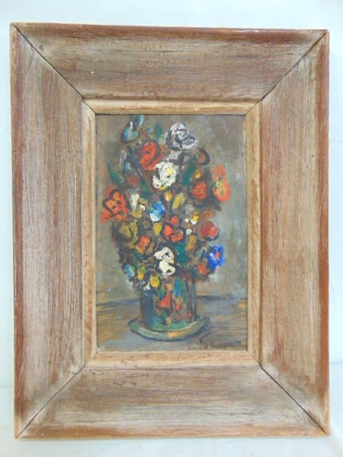 Painting, flowers in vase, signed illegibly, 12" by 8", framed size is 18.5" by 14.25" (1 of 5)