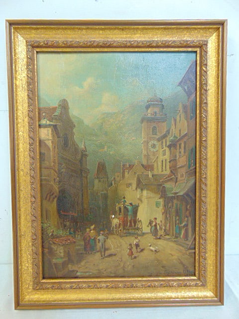 Painting, German town scene, after Carl Spitzweg, oil on wood panel, 10 5/8" by 7 3/8", framed size (1 of 5)