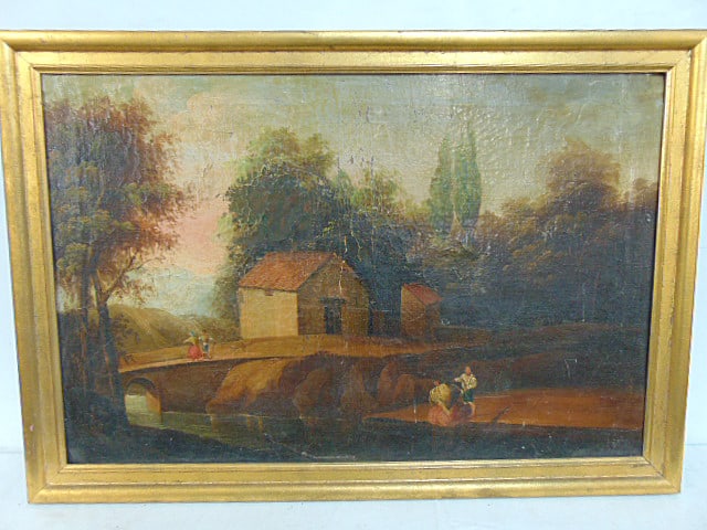 Painting, early landscape with figures by bridge, unsigned, oil on canvas 16" by 24.25", framed size (1 of 6)