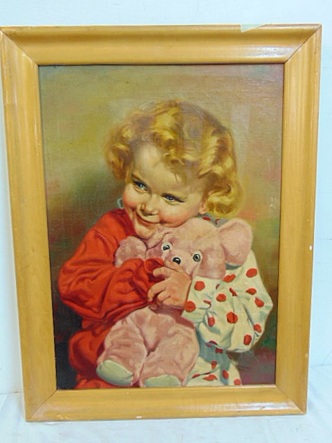 Painting, little girl with pink teddy bear, unsigned, oil on canvas on wood board, 20" by 14.5",: Painting, little girl with pink teddy bear, unsigned, oil on canvas on wood board, 20" by 14.5", framed size is 23 3/8" by 17.75"