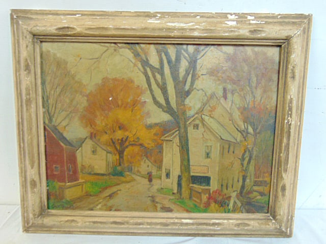 Painting, "Fall Rain", signed Grif Teller, oil on board, with Salmagundi Club label, 1953, oil on (1 of 4)