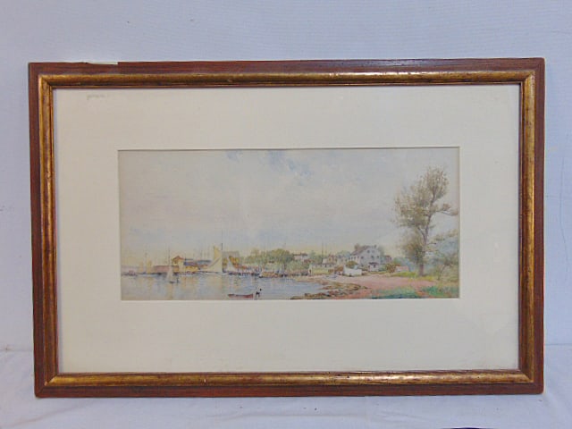 Painting, New England village by bay, signed C.R.P. (Charles Robert Patterson), watercolor, 5.75" by: Painting, New England village by bay, signed C.R.P. (Charles Robert Patterson), watercolor, 5.75" by 13", framed 13" by 19.75"