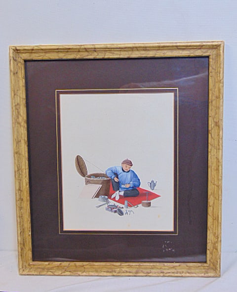 Chinese gouache, vendor or tradesman with tools, unsigned, 10.75" by 8.75", framed size is 18.25" by (1 of 5)