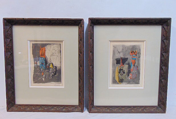 Pair etchings by Johnny Friedlaender, one is numbered, each print is 7.5" by 5.5", framed size is (1 of 6)