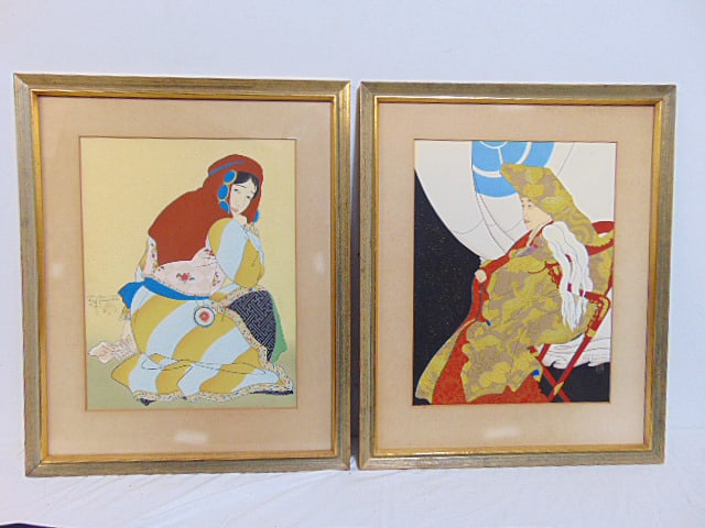 Pair woodblock prints by Paul Jacoulet, "Le Dieu Vivant" & "Le Billet Doux, Mongole", both are 15" (1 of 7)