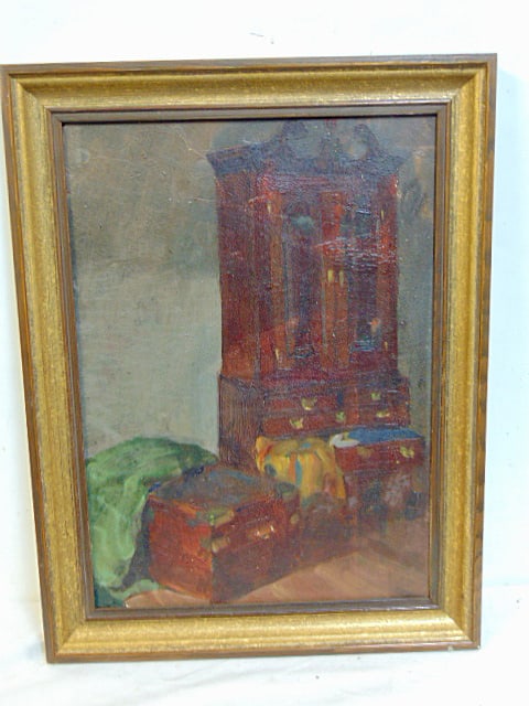 Small painting, interior scene with secretary & chest, unsigned, oil on board, 15.25" by 11.5": Small painting, interior scene with secretary & chest, unsigned, oil on board, 15.25" by 11.5" framed size