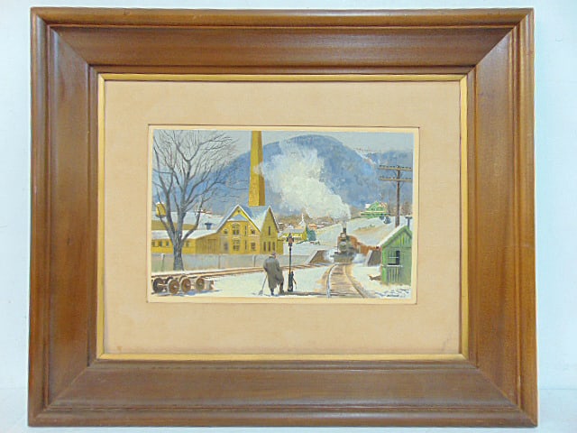 Painting, "Dutchess County Landscape, circa 1900" signed Peter Helck, watercolor, train switchman: Painting, "Dutchess County Landscape, circa 1900" signed Peter Helck, watercolor, train switchman watching approaching locomotive, 8" by 12.5" sight, framed size is 19 1/8" by 23"
