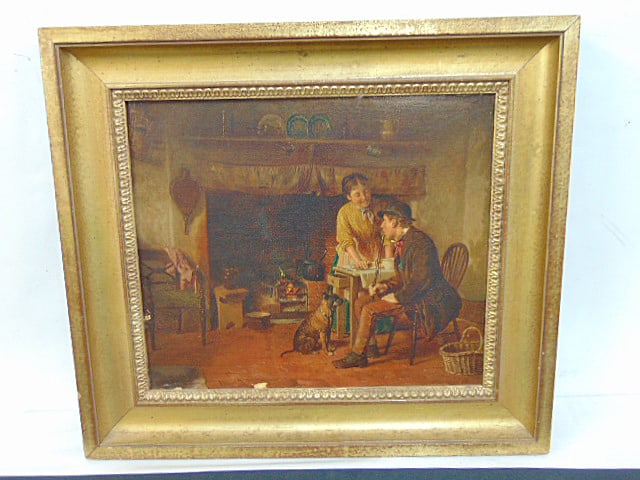 Painting, man & woman with dog by table, fireplace, unsigned, oil on canvas, "From the Francis: Painting, man & woman with dog by table, fireplace, unsigned, oil on canvas, "From the Francis William Edmonds Family", plus paper labels on reverse "Temporary loan The Brooklyn Museum" & "Willoughby 