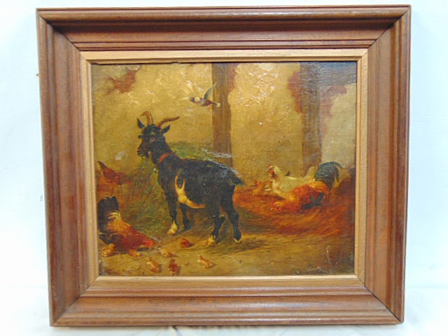 Painting, barn scene with goat, chickens, signed illegibly lower right corner, oil on wood panel, 10: Painting, barn scene with goat, chickens, signed illegibly lower right corner, oil on wood panel, 10 3/8" by 12.5", framed size is 14.75" by 16.75"