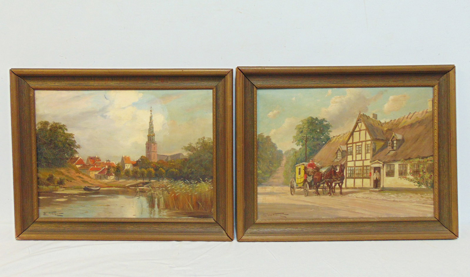 Pair paintings by Edmund Fischer, coach in front of German Inn & stream by village with church & red (1 of 7)