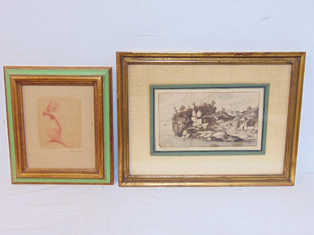 Pen & ink, Gaspar van Eyck & etching, Jean Auguste Vyboud, nude, van Eyck house by lake scene is: Pen & ink, Gaspar van Eyck & etching, Jean Auguste Vyboud, nude, van Eyck house by lake scene is 4.75" by 8.5", framed size is 11.75" by 15 5/8"