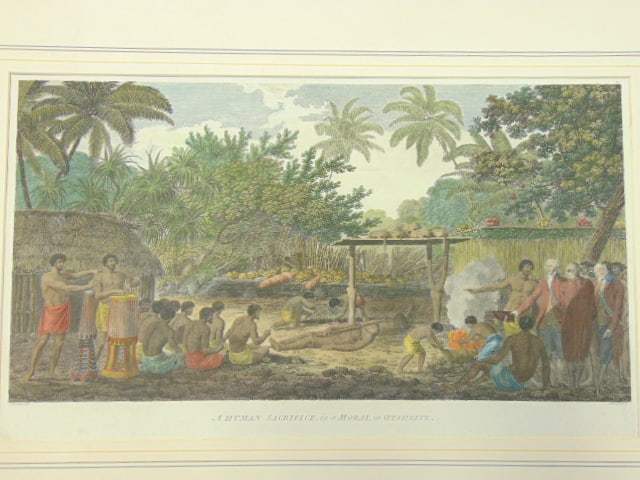 Engraving, "A Human Sacrifice in a Morai in Otaheite", Captain James Cook and John Webber, sheet (1 of 8)
