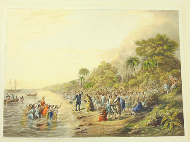 Color lithograph, "The Rev. J. Waterhouse Superintending the Landing of the Missionaries at (1 of 7)