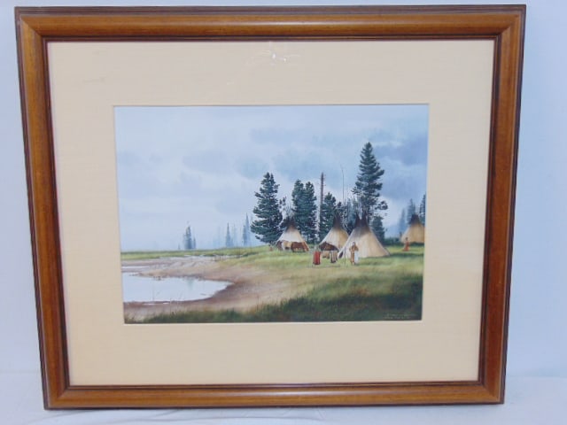 Painting, "After the Rain", Jeffrey Craven, gouache on board showing western landscape with teepees,: Painting, "After the Rain", Jeffrey Craven, gouache on board showing western landscape with teepees, 1985, 15.75" by 21.75", framed size is 29.5" by 35"
