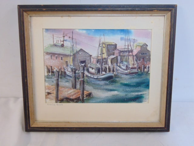 Painting, "Fishing Boats", signed Nancy Johnson, watercolor, 4 7/8" by 7", 8 3/8" by 9 7/8" framed (1 of 4)