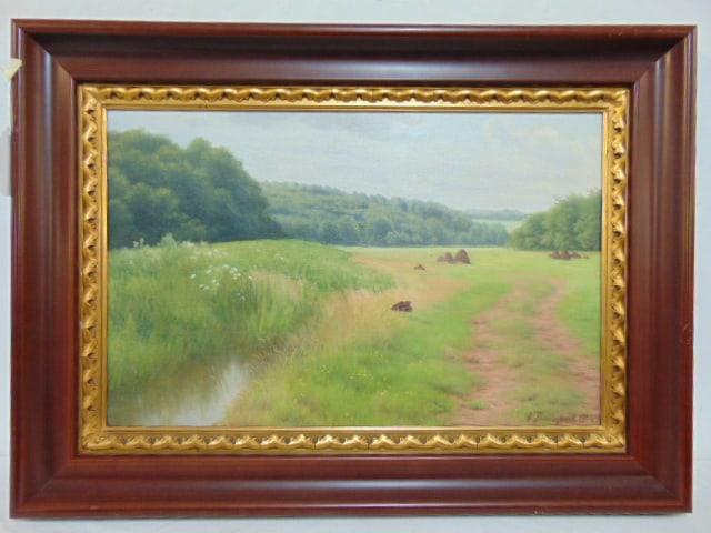Painting, landscape with rolling hills, signed F. Theilgaard, 1906, oil on canvas, 14.25" by 21: Painting, landscape with rolling hills, signed F. Theilgaard, 1906, oil on canvas, 14.25" by 21 7/8", framed size is 20" by 27.75"
