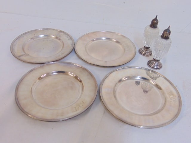 4 sterling silver plates & 2 crystal & sterling salt & pepper shakers, plates are 6 3/8" (1 of 3)