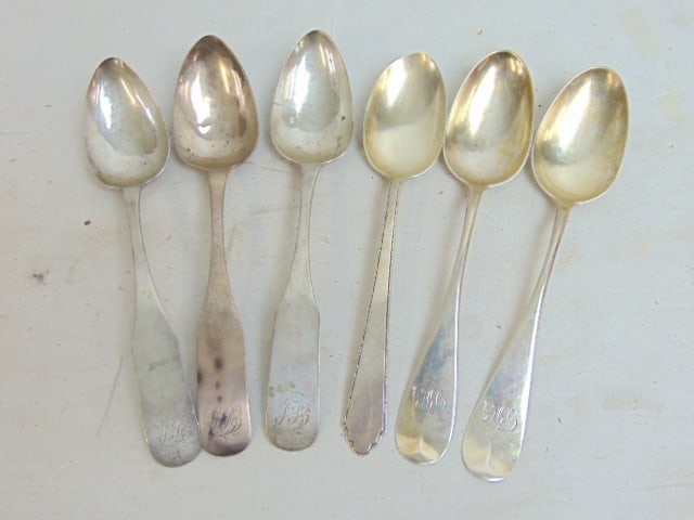 6 large silver spoons, 3 are coin, 8.75" (sizes vary slightly), 10 troy, coin silver spoons are (1 of 5)