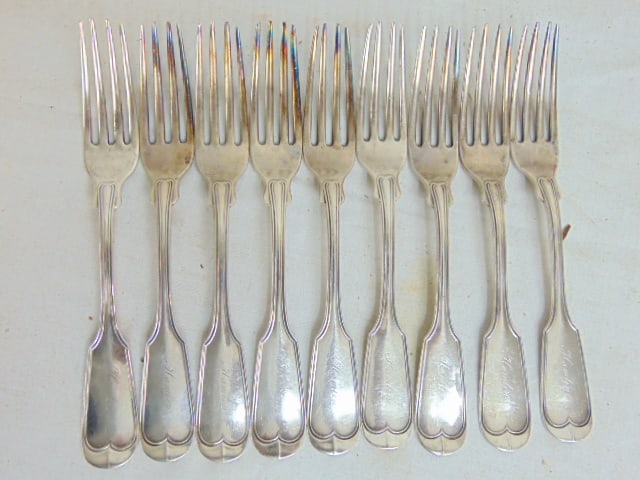 Lot of 9 sterling silver spoons, Georgian (?) style, engraved "Hamlin", 7.5" long, 16 troy (1 of 4)
