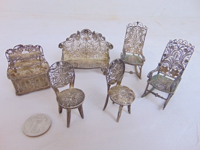 6 miniature silver filigree furniture pieces, sofa, chairs, rockers, in fine silver wirework, 3 (1 of 7)