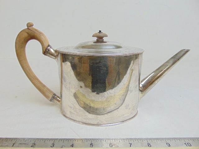 Georgian silver drum shaped teapot with wood handle & finial, hallmarked, HG (Henry Greenway), late (1 of 9)