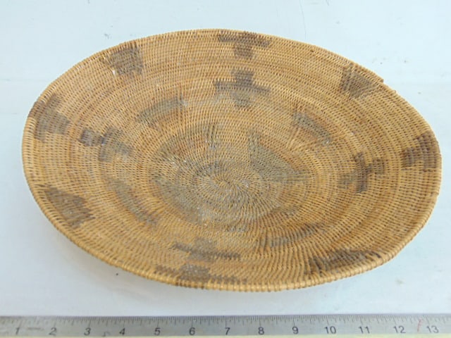 Native American coiled basket, bowl shaped with geometric patterns, 14.5" in diameter, (1 of 4)