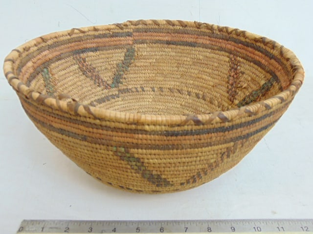 Native American (African ??) hand woven coiled basket, decorative bands with geometric designs, (1 of 4)