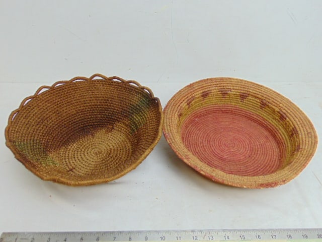 2 Vintage coil baskets, North American indigenous twined spruce-root basket, 11" & vintage (1 of 7)