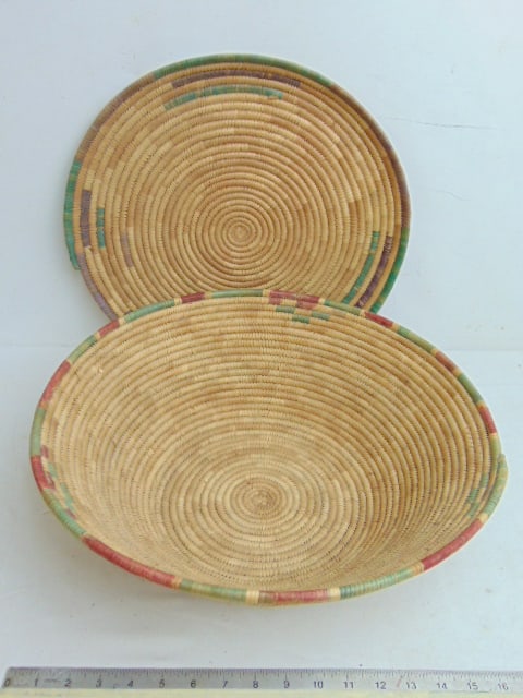 Coiled basket & lid set, tight weave grass or straw with colored geometric accents along rim, bowl (1 of 4)