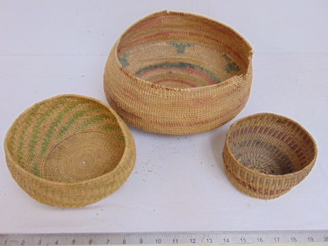 3 coil baskets all with colored geometric decorations, largest basket is as is, has loss on edge and (1 of 13)