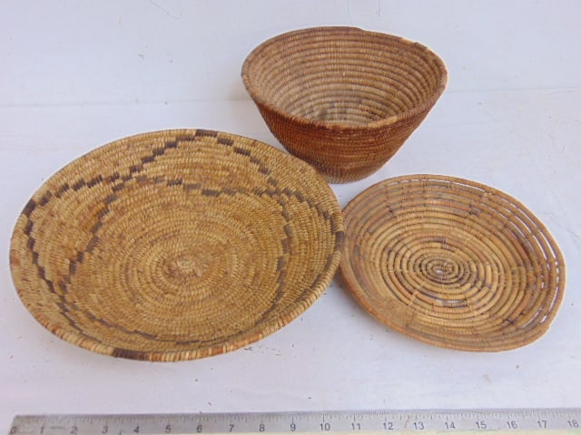 Native American coil conical basket & 2 coil basket trays, bowl is 8.75", larger tray, or low bowl (1 of 12)
