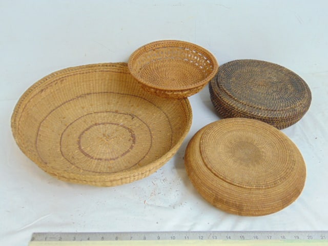 4 baskets, hand woven round rattan with interlocking ring border, 8 3/8", 2 lidded coil baskets and (1 of 16)