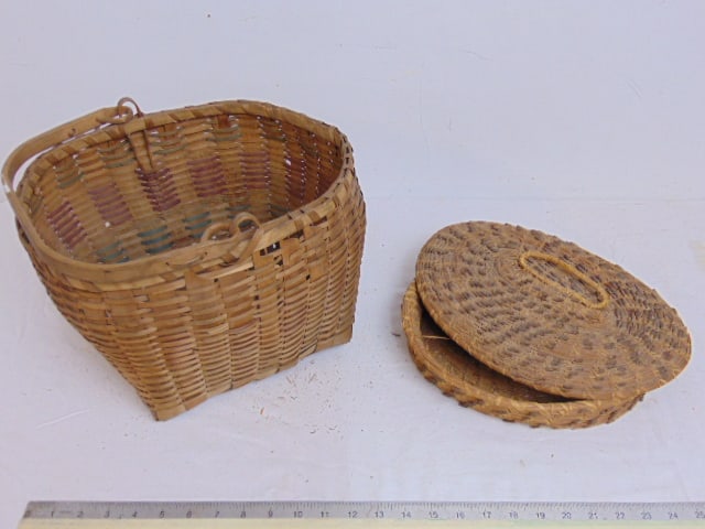 2 baskets, wood splint gathering basket with bentwood handle, 13.5" by 11", height is 10" & woven (1 of 8)