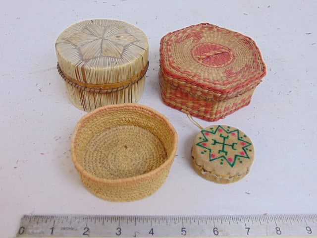 Small basket lot, lidded birch bark and quillwork container with starburst design on lid, hexagonal (1 of 9)