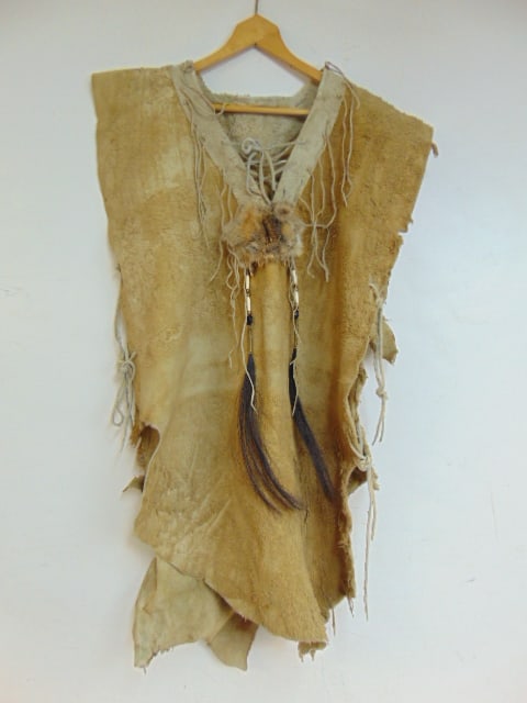 Native American leather buckskin tunic vest with fringe ties and fur embellishments, 44" long (1 of 4)