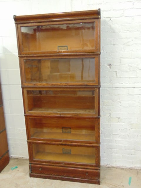 Globe Wernicke oak barrister stack bookcase, 5 stacks plus base & top, bookcase is 34" wide, 10" (1 of 5)