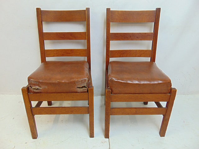 Pair Charles Stickley arts & crafts ladder back chairs, 18" wide, 17" deep (seat), height is 34.75" (1 of 5)