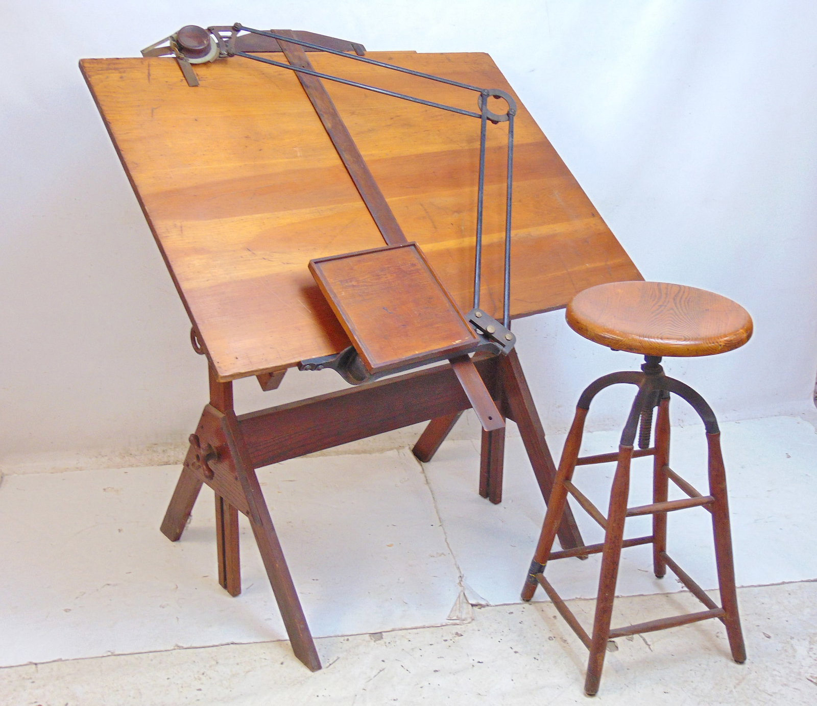 Vintage adjustable drafting table & oak adjustable stool, table surface is 31.25" by 43", height (1 of 7)