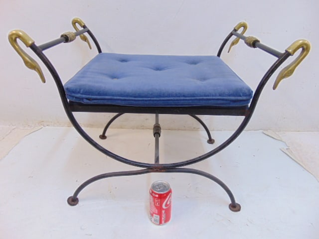 Decorative iron & brass swan bench, upholstered seat bench, iron frame with brass swan heads, bench (1 of 4)