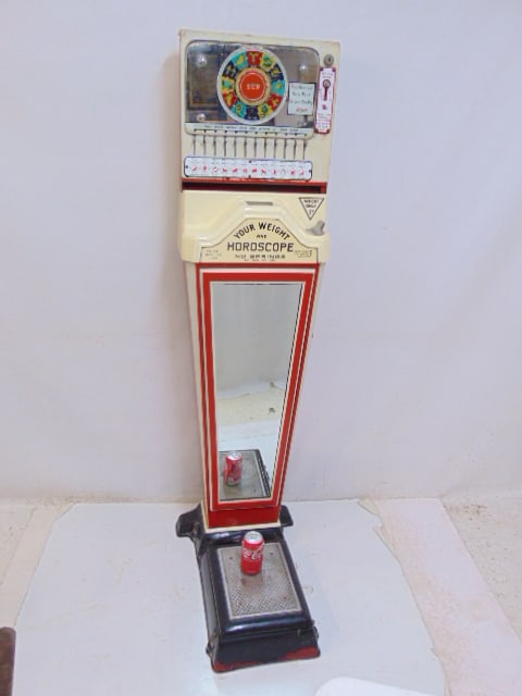 Watling Scale Company coin operated "Weight & Horoscope" machine, with zodiac wheel at top, in (1 of 9)
