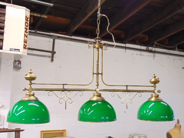 Brass hanging pool table fixture with three glass shades, light fixture is 51" long, 24" high. (1 of 5)